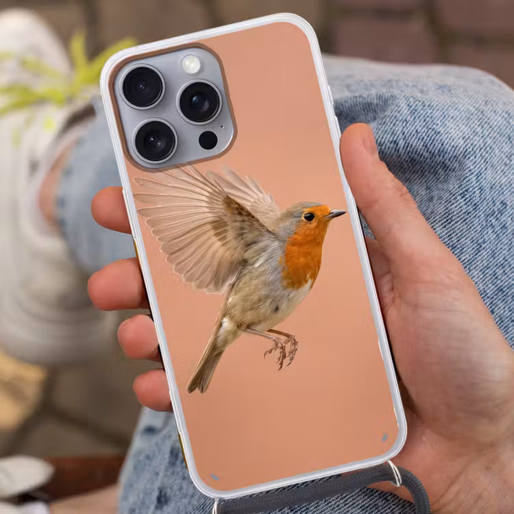 Roodborst - Natuur - Roze Hoesje iPhone 16 Pro Max met koord klein -sfeer3