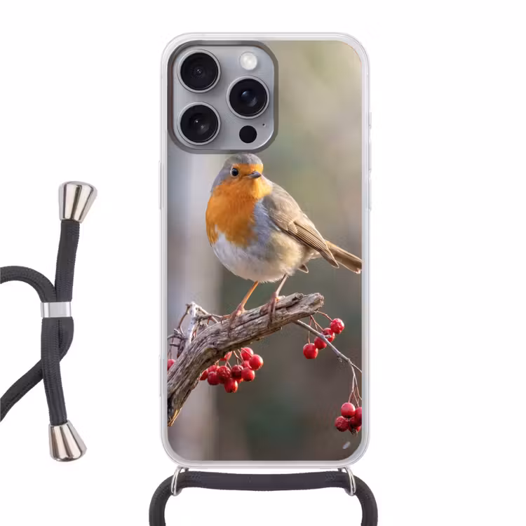 Roodborst - Tak - Bessen - Natuur Hoesje iPhone 16 Pro Max met koord klein -3d