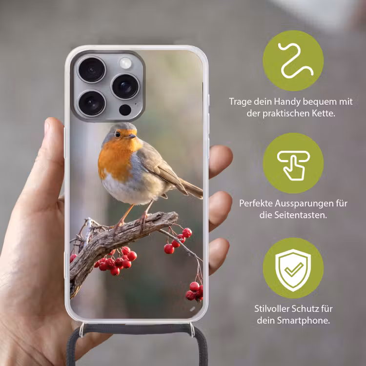 Roodborst - Tak - Bessen - Natuur Hoesje iPhone 16 Pro Max met koord klein -sfeer2_DE