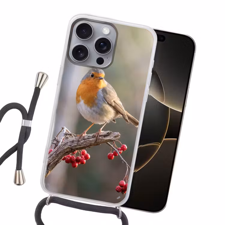 Roodborst - Tak - Bessen - Natuur Hoesje iPhone 16 Pro Max met koord klein -sfeer1