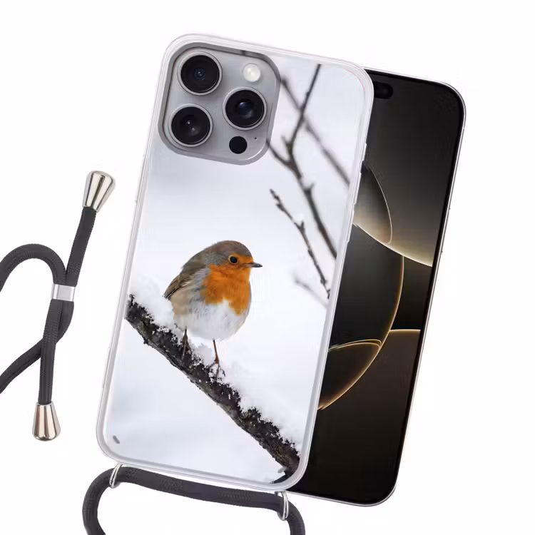 Roodborstje - Tak - Sneeuw - Winter - Levendig Hoesje iPhone 16 Pro Max met koord klein -sfeer1