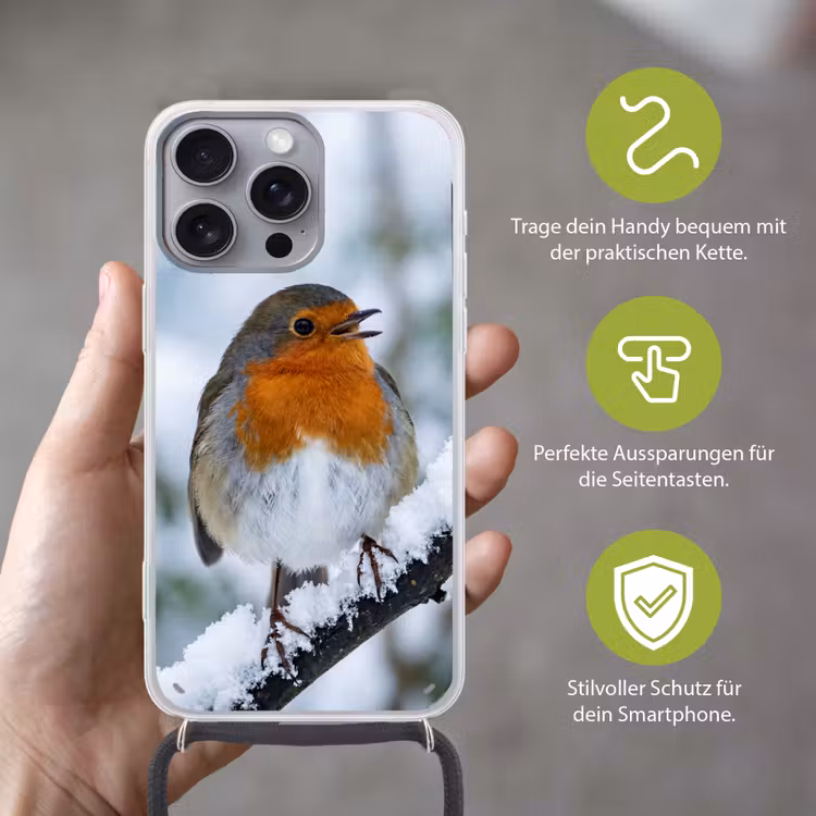Roodborstje - Tak - Sneeuw - Winter - Levendig Hoesje iPhone 16 Pro Max met koord klein -sfeer2_DE