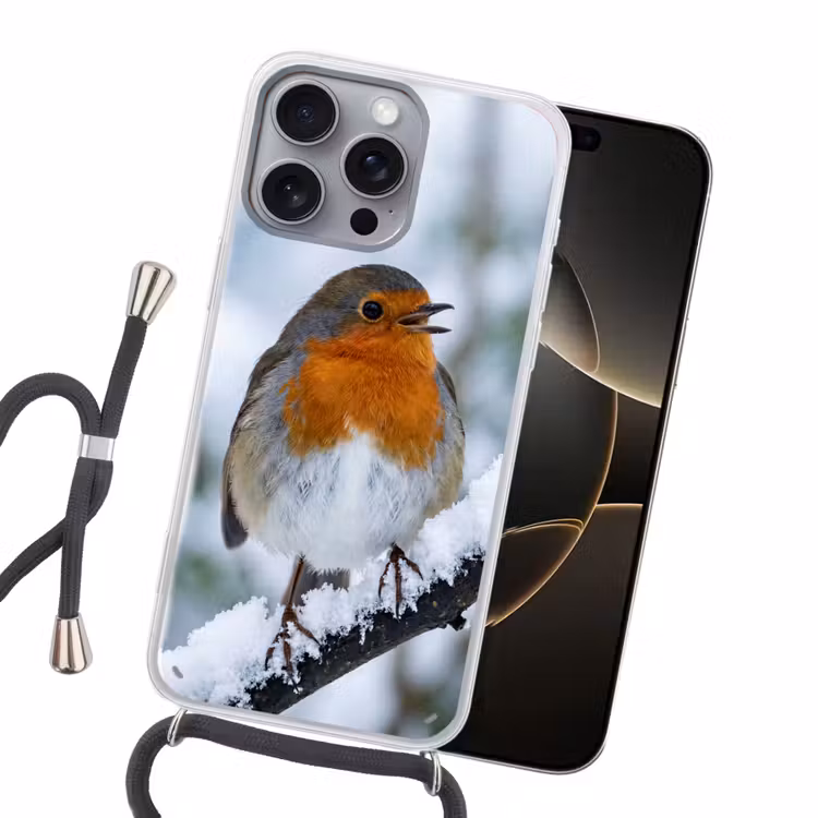 Roodborstje - Tak - Sneeuw - Winter - Levendig Hoesje iPhone 16 Pro Max met koord klein -sfeer1
