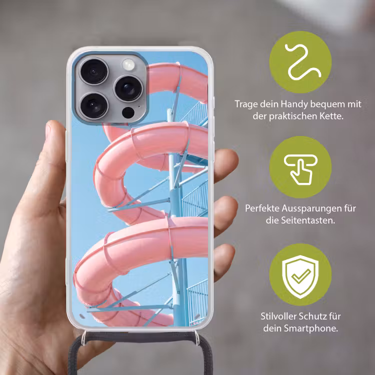 Glijbaan - Waterpark - Spiraal - Modern - Roze Hoesje iPhone 16 Pro Max met koord klein -sfeer2_DE