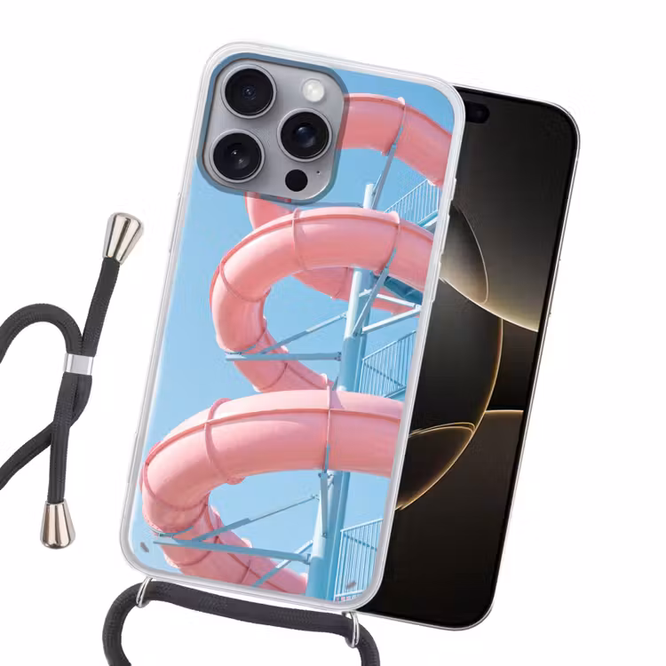 Glijbaan - Waterpark - Spiraal - Modern - Roze Hoesje iPhone 16 Pro Max met koord klein -sfeer1