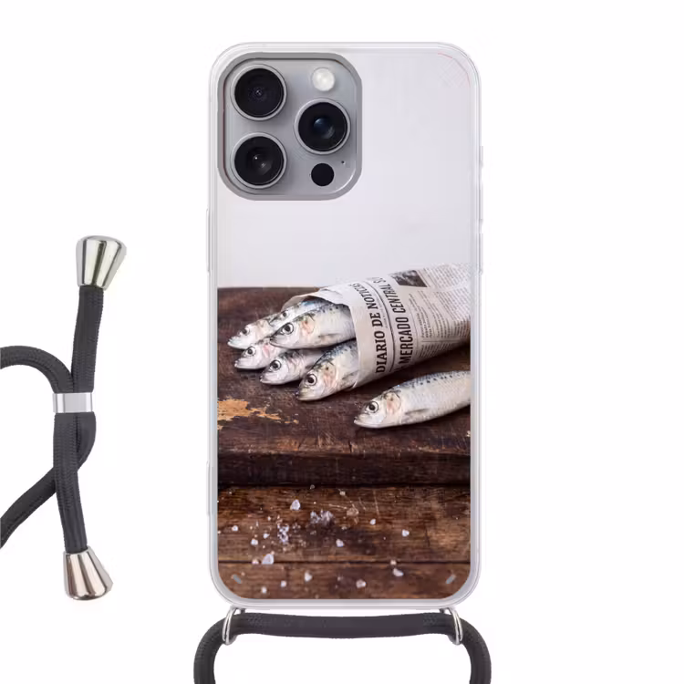 Handyhülle mit Band - Sardine – Zeitung – Schneidebrett - Sardientje - krant - snijplank Hoesje iPhone 16 Pro Max met koord klein
