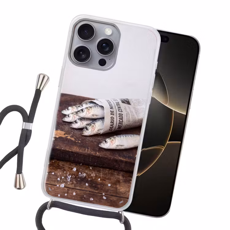 Handyhülle mit Band - Sardine – Zeitung – Schneidebrett - Sardientje - krant - snijplank Hoesje iPhone 16 Pro Max met koord klein