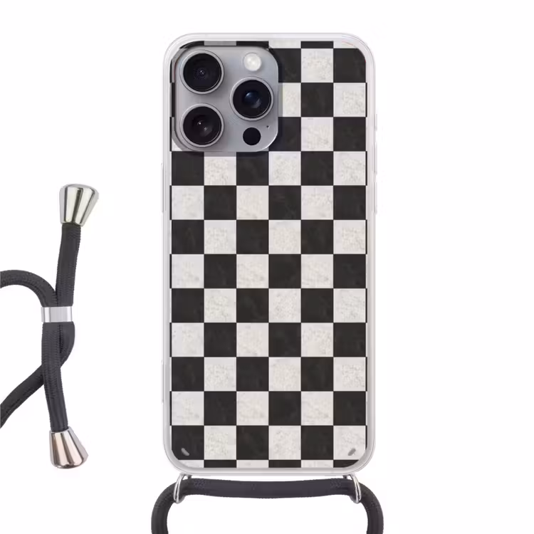 Dambord - Marmer - Zwart - Wit Hoesje iPhone 16 Pro Max met koord klein 804 -3d