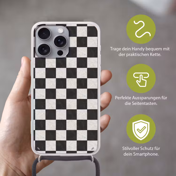 Dambord - Marmer - Zwart - Wit Hoesje iPhone 16 Pro Max met koord klein 804 -sfeer2_DE