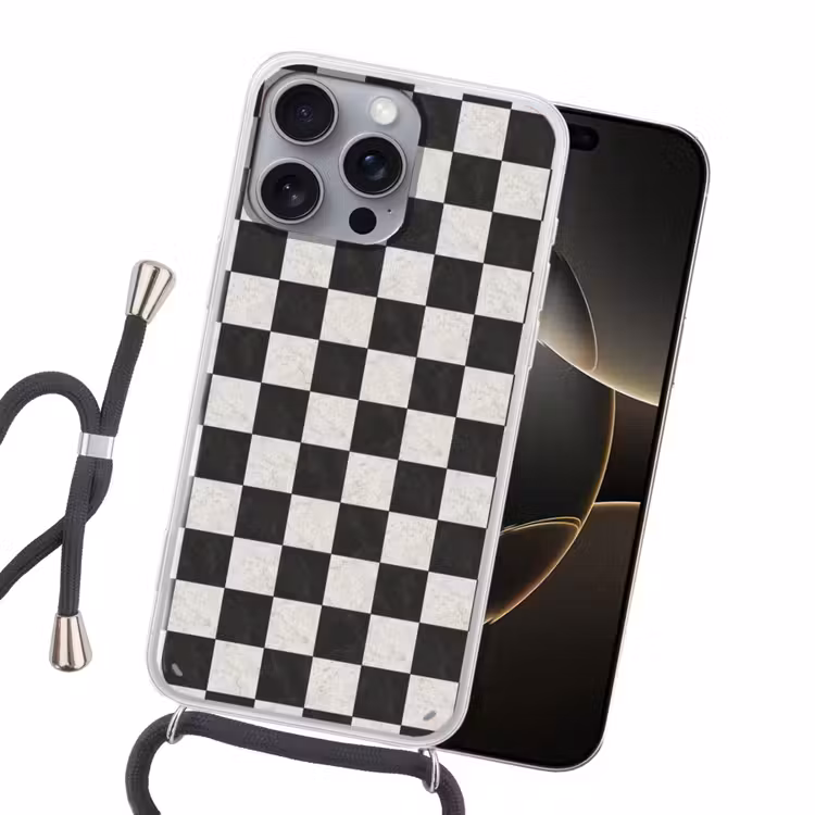 Dambord - Marmer - Zwart - Wit Hoesje iPhone 16 Pro Max met koord klein 804 -sfeer1