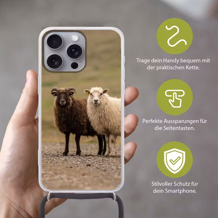 Schapen - Bruin - Wit - Grindpad Hoesje iPhone 16 Pro Max met koord klein -sfeer2_DE
