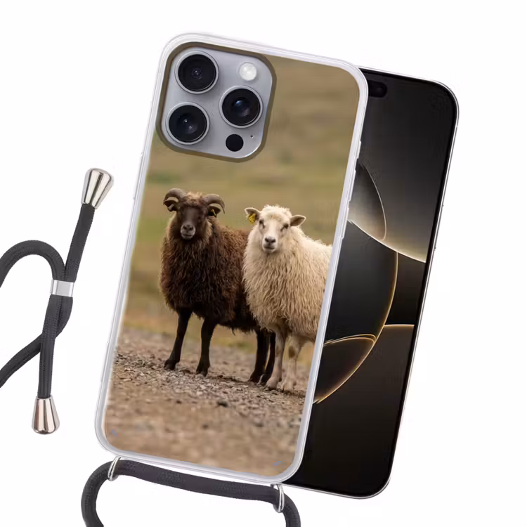 Schapen - Bruin - Wit - Grindpad Hoesje iPhone 16 Pro Max met koord klein -sfeer1
