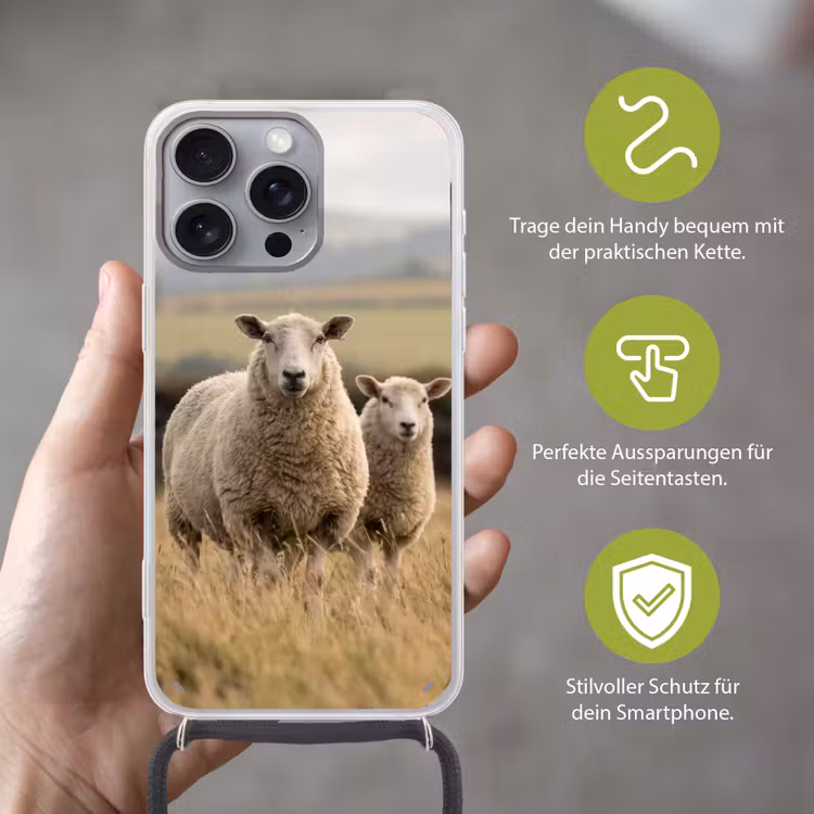 Schapen - Weidenlandschap - Heuvels Hoesje iPhone 16 Pro Max met koord klein -sfeer2_DE