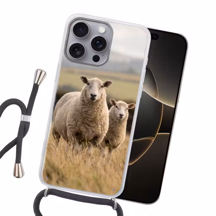 Schapen - Weidenlandschap - Heuvels Hoesje iPhone 16 Pro Max met koord klein -sfeer1