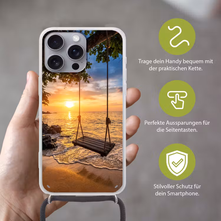 Schommel - Strand - Zonsondergang - Natuur - Oranje Hoesje iPhone 16 Pro Max met koord klein -sfeer2_DE