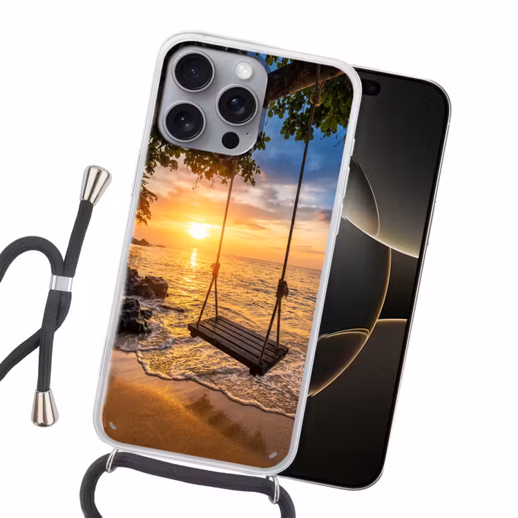 Schommel - Strand - Zonsondergang - Natuur - Oranje Hoesje iPhone 16 Pro Max met koord klein -sfeer1