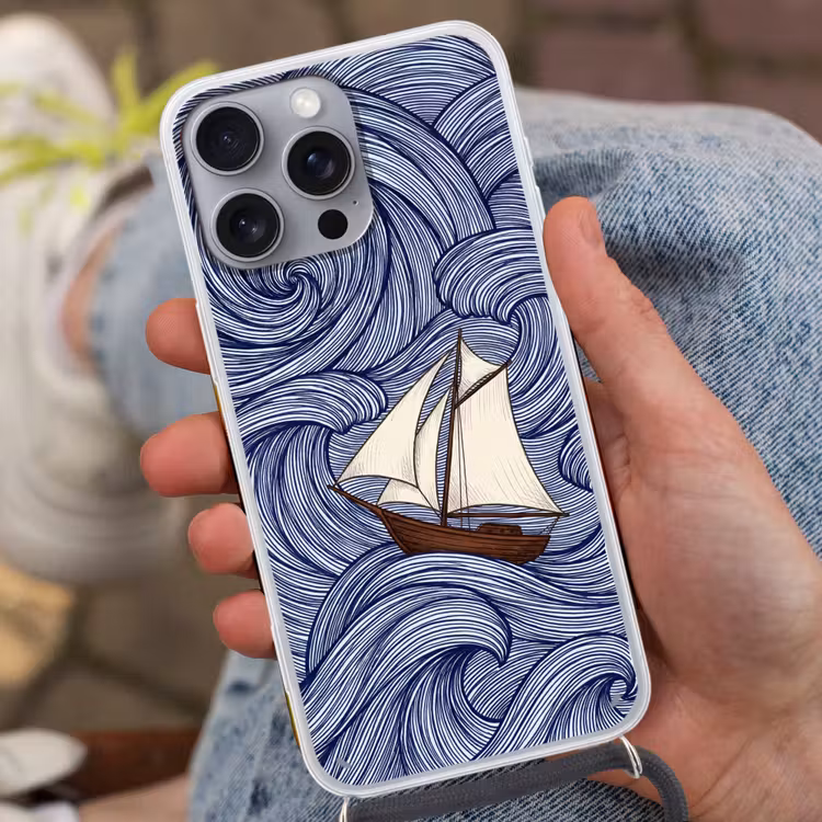 Schip - Golven - Zee - Illustratie - Blauw Hoesje iPhone 16 Pro Max met koord klein -sfeer3