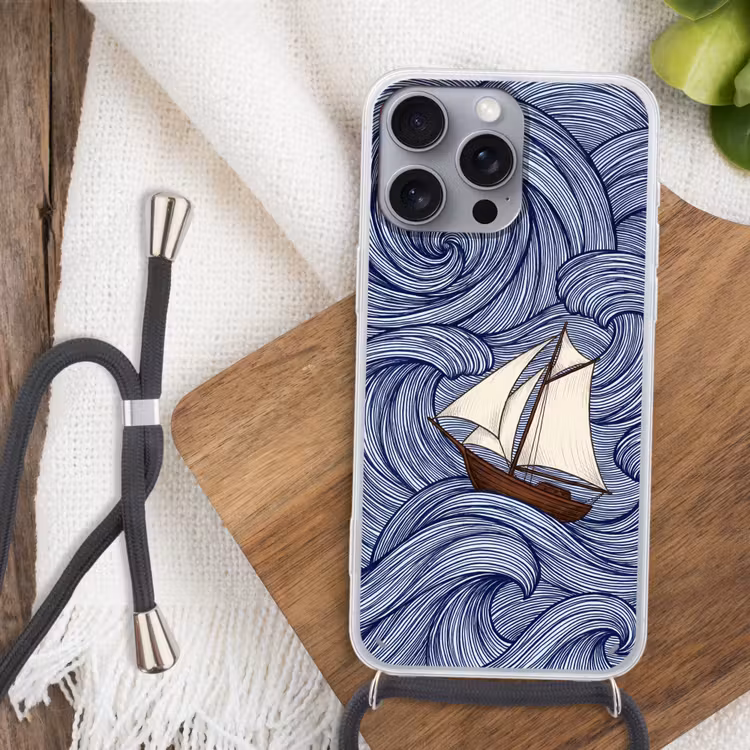 Schip - Golven - Zee - Illustratie - Blauw Hoesje iPhone 16 Pro Max met koord klein -sfeer4