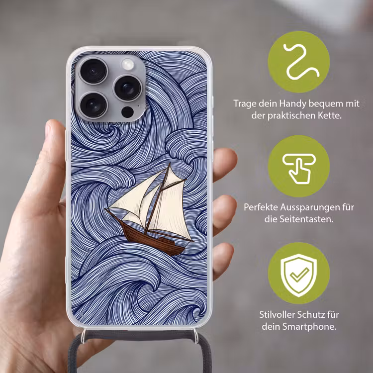 Schip - Golven - Zee - Illustratie - Blauw Hoesje iPhone 16 Pro Max met koord klein -sfeer2_DE