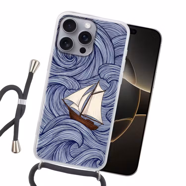 Schip - Golven - Zee - Illustratie - Blauw Hoesje iPhone 16 Pro Max met koord klein -sfeer1