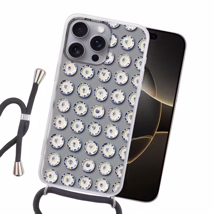 Borden - Bloemen - Blauw - Wit Hoesje iPhone 16 Pro Max met koord klein 804 -sfeer1