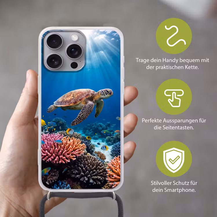 Schildpad - Koraalrif - Oceaan - Dieren - Blauw Hoesje iPhone 16 Pro Max met koord klein -sfeer2_DE