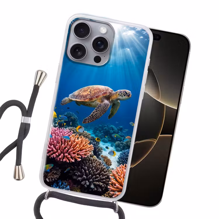 Schildpad - Koraalrif - Oceaan - Dieren - Blauw Hoesje iPhone 16 Pro Max met koord klein -sfeer1