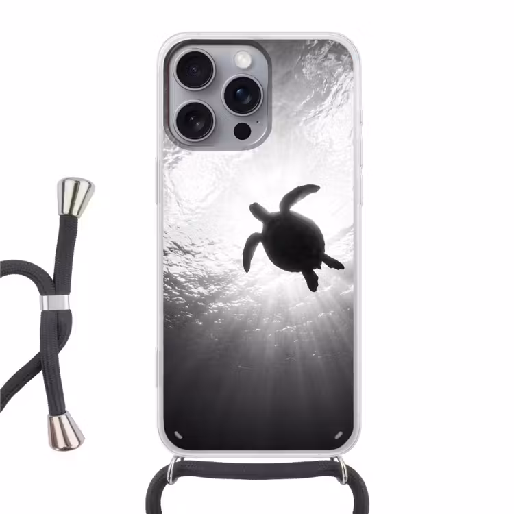 Schildpad - Onderwater - Lichtstralen - Oceaan - Zwart-wit Hoesje iPhone 16 Pro Max met koord klein -3d