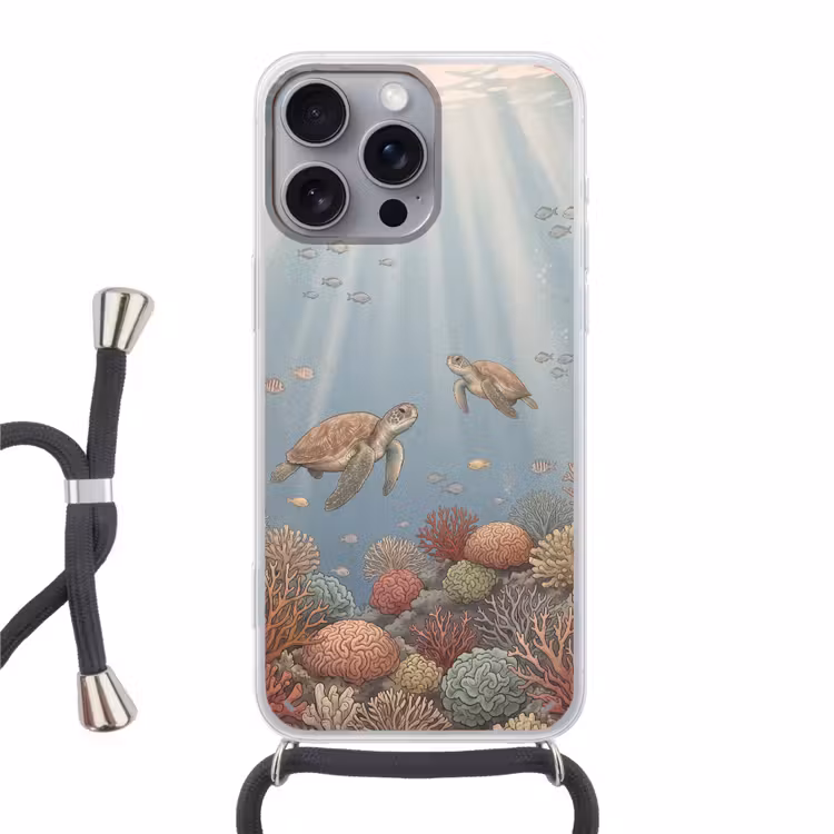 Schildpad - Onderwater - Natuur - Illustratie Hoesje iPhone 16 Pro Max met koord klein -3d