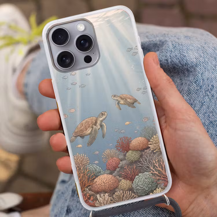 Schildpad - Onderwater - Natuur - Illustratie Hoesje iPhone 16 Pro Max met koord klein -sfeer3