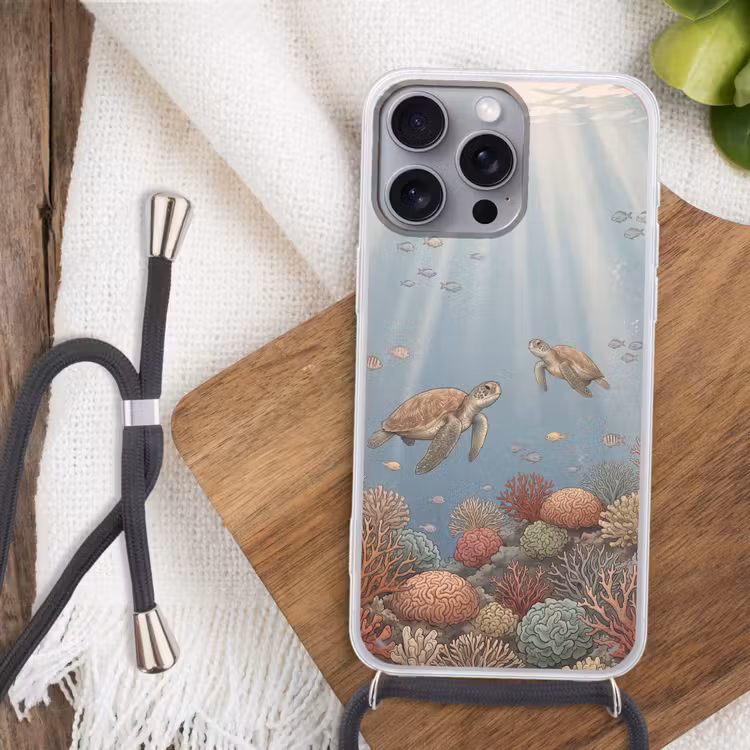 Schildpad - Onderwater - Natuur - Illustratie Hoesje iPhone 16 Pro Max met koord klein -sfeer4