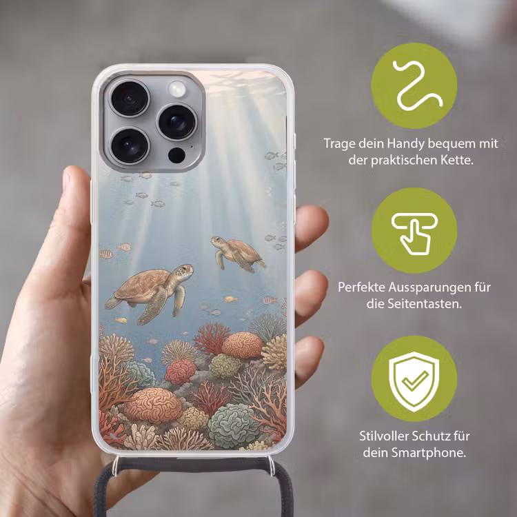 Schildpad - Onderwater - Natuur - Illustratie Hoesje iPhone 16 Pro Max met koord klein -sfeer2_DE