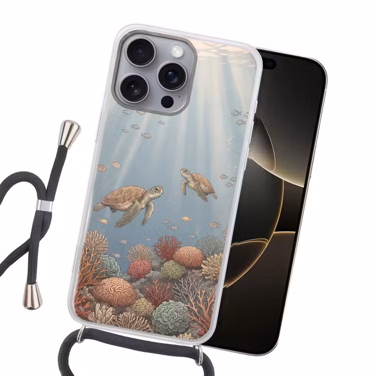 Schildpad - Onderwater - Natuur - Illustratie Hoesje iPhone 16 Pro Max met koord klein -sfeer1