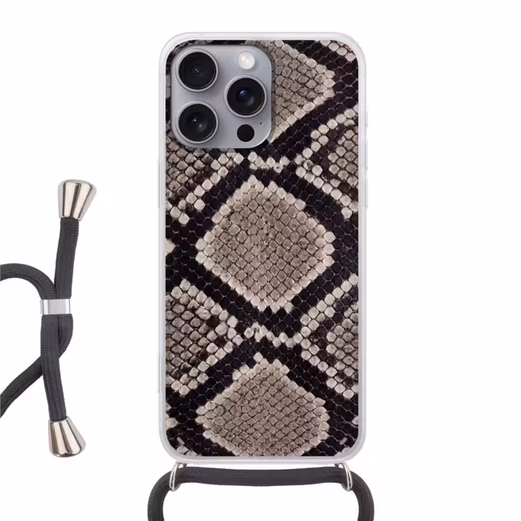 Slangenleer - Patroon - Beige Hoesje iPhone 16 Pro Max met koord klein -3d