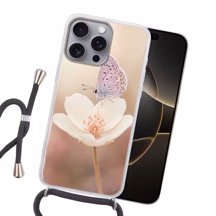 Vlinder - Bloem - Blauw Hoesje iPhone 16 Pro Max met koord klein -sfeer1
