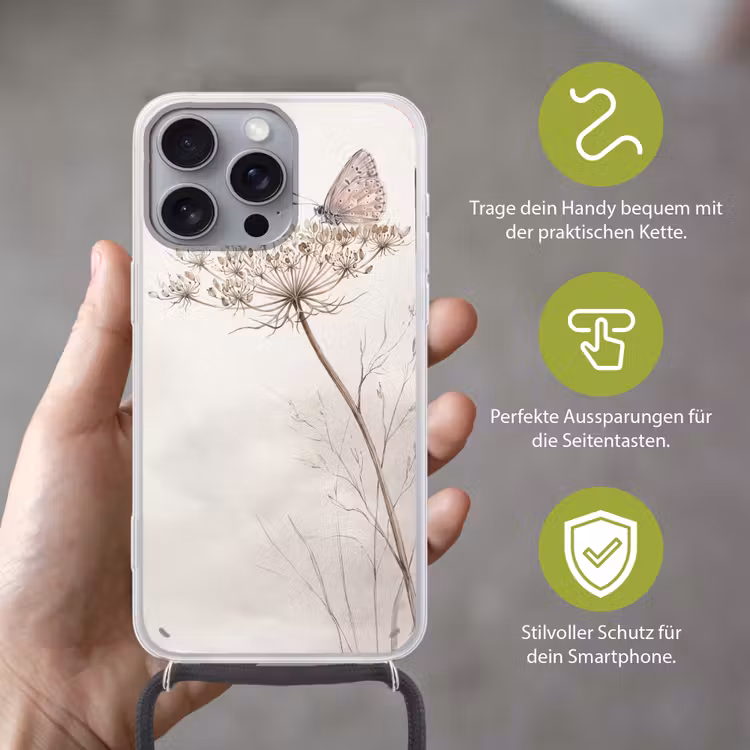 Vlinder - Bloem -Natuur - Beige Hoesje iPhone 16 Pro Max met koord klein -sfeer2_DE