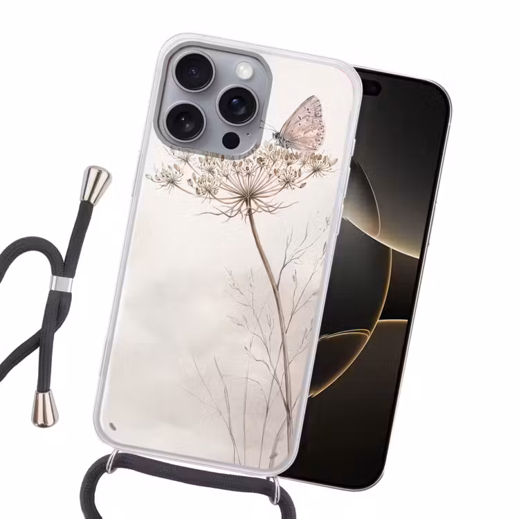 Vlinder - Bloem -Natuur - Beige Hoesje iPhone 16 Pro Max met koord klein -sfeer1