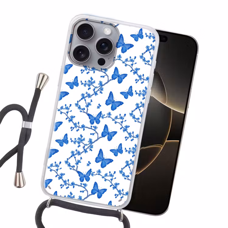 Vlinder - Bloemen - Blauw Hoesje iPhone 16 Pro Max met koord klein 804 -sfeer1