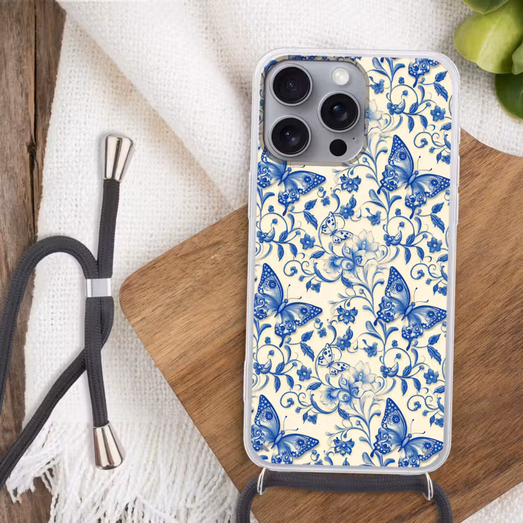 Vlinders - Bloemen - Blauw - Botanisch Hoesje iPhone 16 Pro Max met koord klein 804 -sfeer4