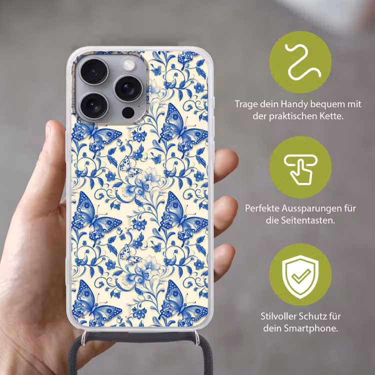 Vlinders - Bloemen - Blauw - Botanisch Hoesje iPhone 16 Pro Max met koord klein 804 -sfeer2_DE