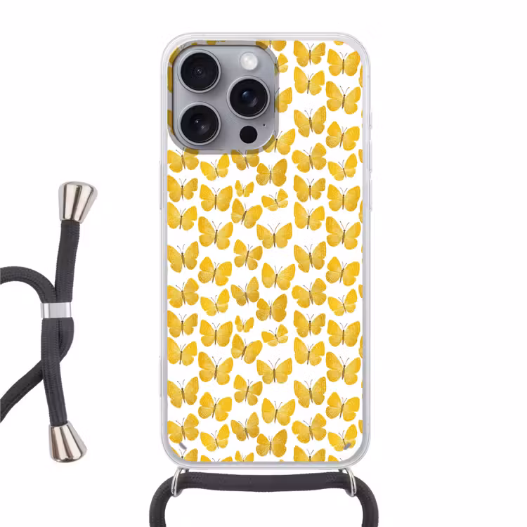 Vlinders - Botanisch - Illustratie - Geel - Wit Hoesje iPhone 16 Pro Max met koord klein 804 -3d