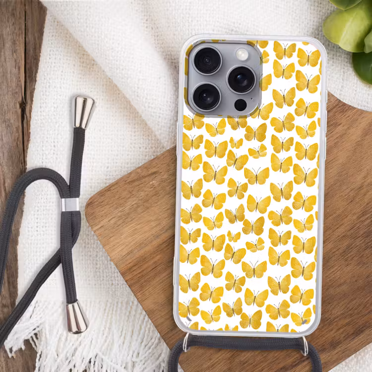 Vlinders - Botanisch - Illustratie - Geel - Wit Hoesje iPhone 16 Pro Max met koord klein 804 -sfeer4