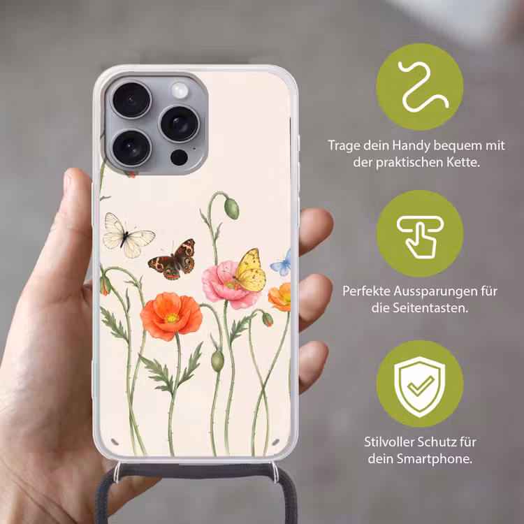 Vlinders - Klaprozen - Illustratie - Kleurrijk Hoesje iPhone 16 Pro Max met koord klein -sfeer2_DE