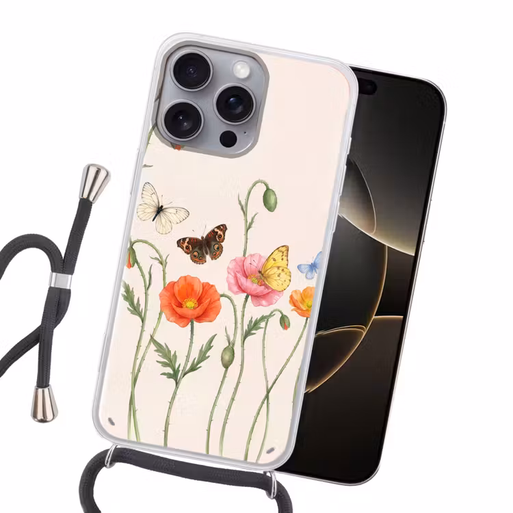 Vlinders - Klaprozen - Illustratie - Kleurrijk Hoesje iPhone 16 Pro Max met koord klein -sfeer1