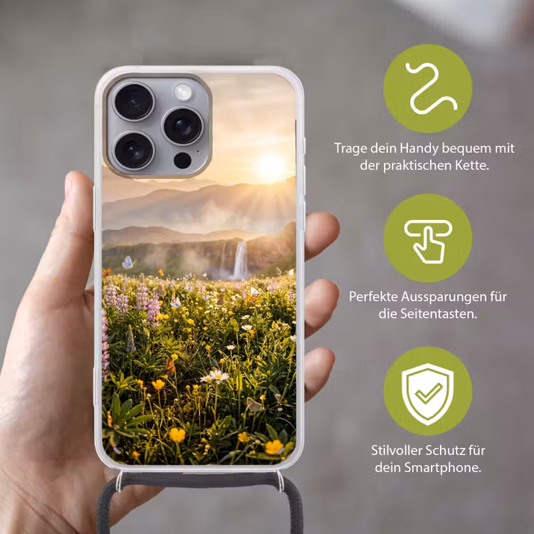 Vlinders - Waterval - Bloemenveld Hoesje iPhone 16 Pro Max met koord klein -sfeer2_DE