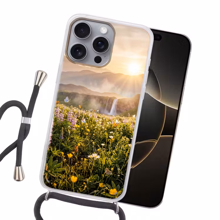 Vlinders - Waterval - Bloemenveld Hoesje iPhone 16 Pro Max met koord klein -sfeer1