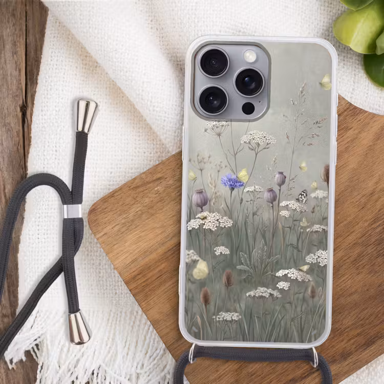 Vlinders - Wildbloemen - Illustratie - Kleurrijk Hoesje iPhone 16 Pro Max met koord klein -sfeer4