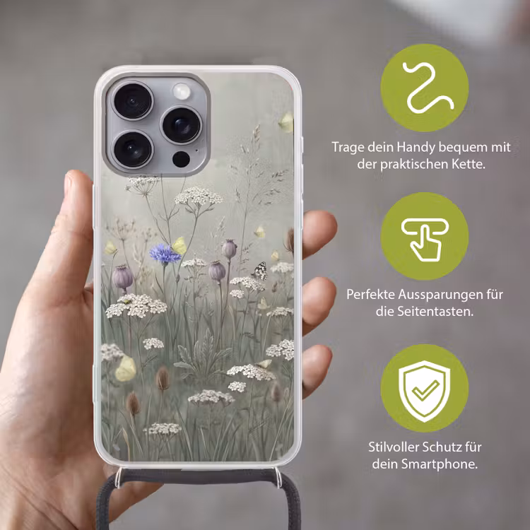Vlinders - Wildbloemen - Illustratie - Kleurrijk Hoesje iPhone 16 Pro Max met koord klein -sfeer2_DE