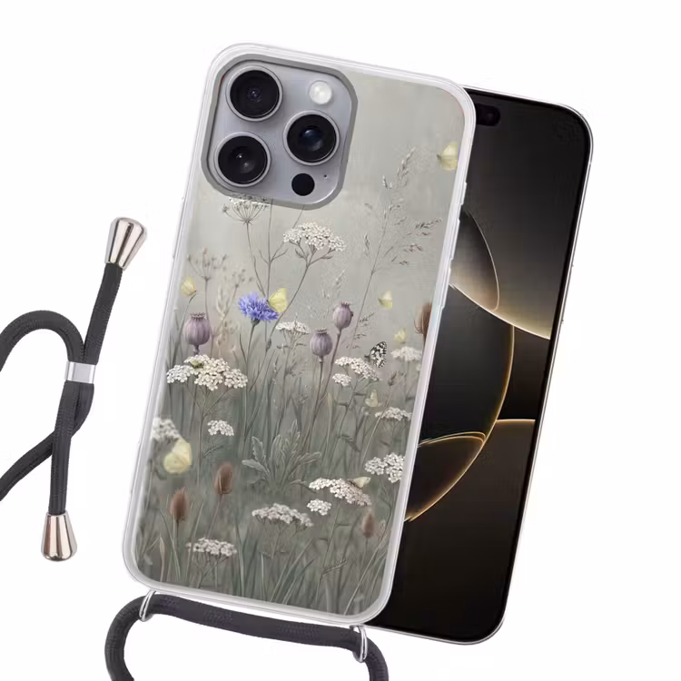 Vlinders - Wildbloemen - Illustratie - Kleurrijk Hoesje iPhone 16 Pro Max met koord klein -sfeer1