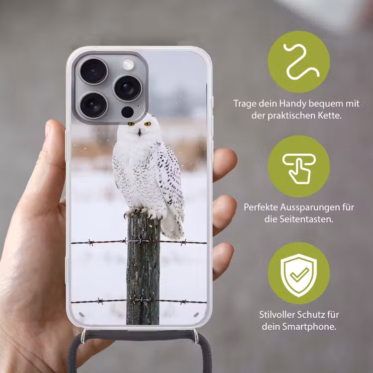 Sneeuwuil - Hek - Sneeuw - Wit Hoesje iPhone 16 Pro Max met koord klein -sfeer2_DE